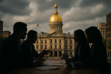 Silhouetted figures in a meeting with a dome