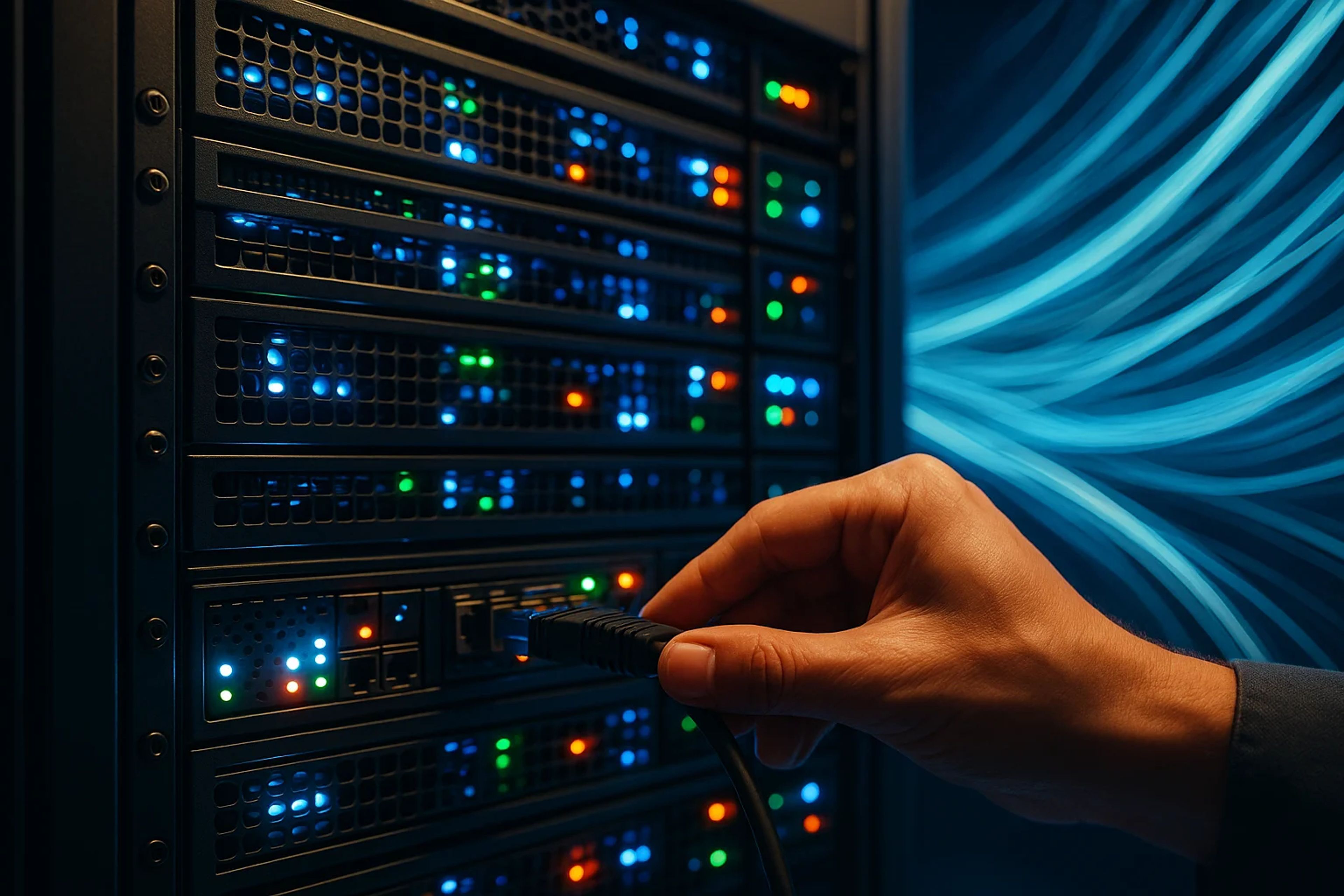 A hand connecting a cable to a server rack with