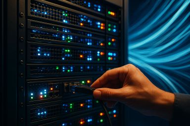 A hand connecting a cable to a server rack with