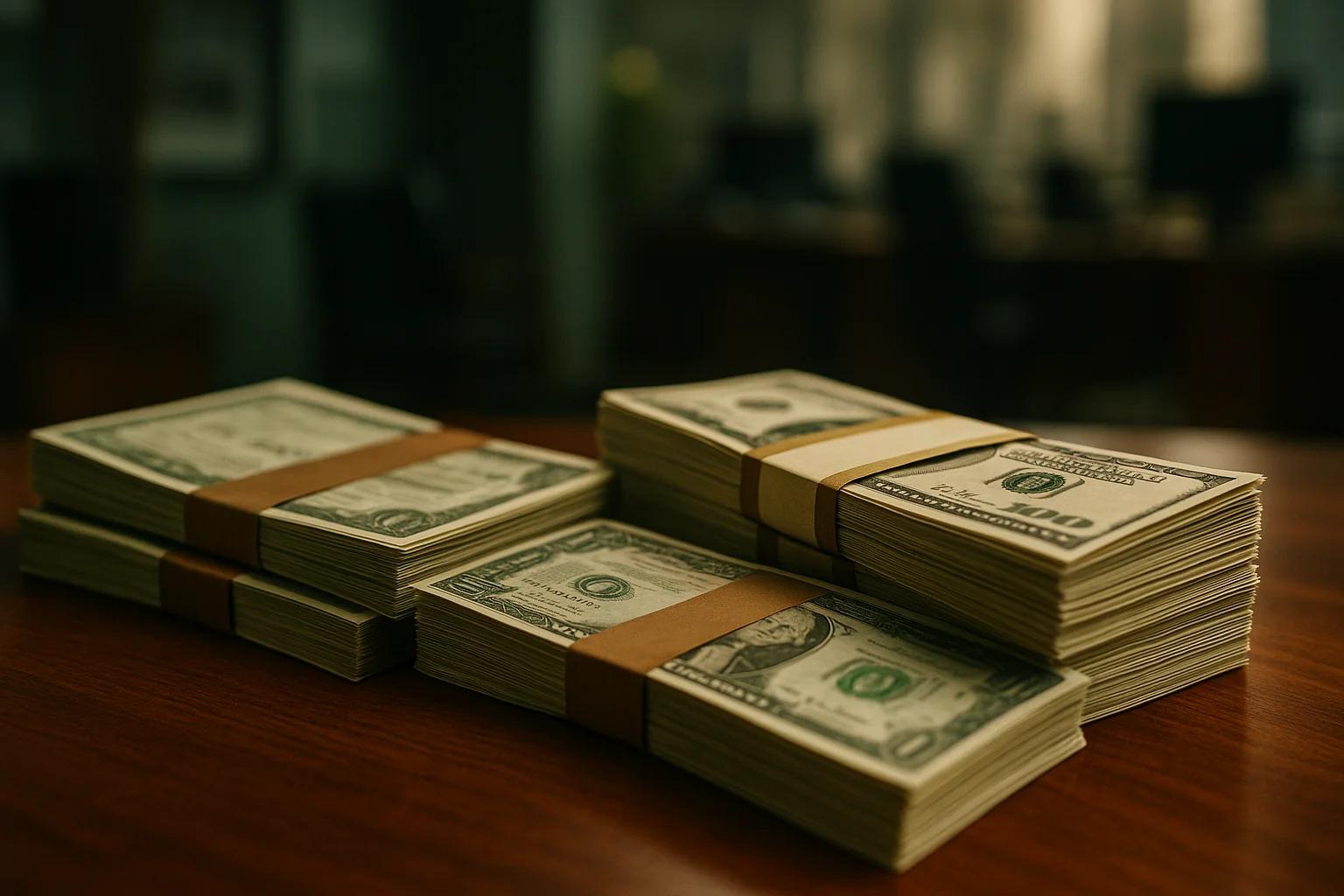 Stacks of cash bundled with rubber bands on a