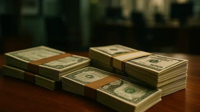 Stacks of cash bundled with rubber bands on a