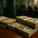 Stacks of cash bundled with rubber bands on a