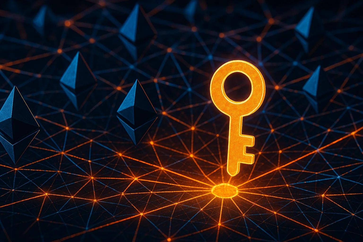 A glowing orange key on a dark network grid