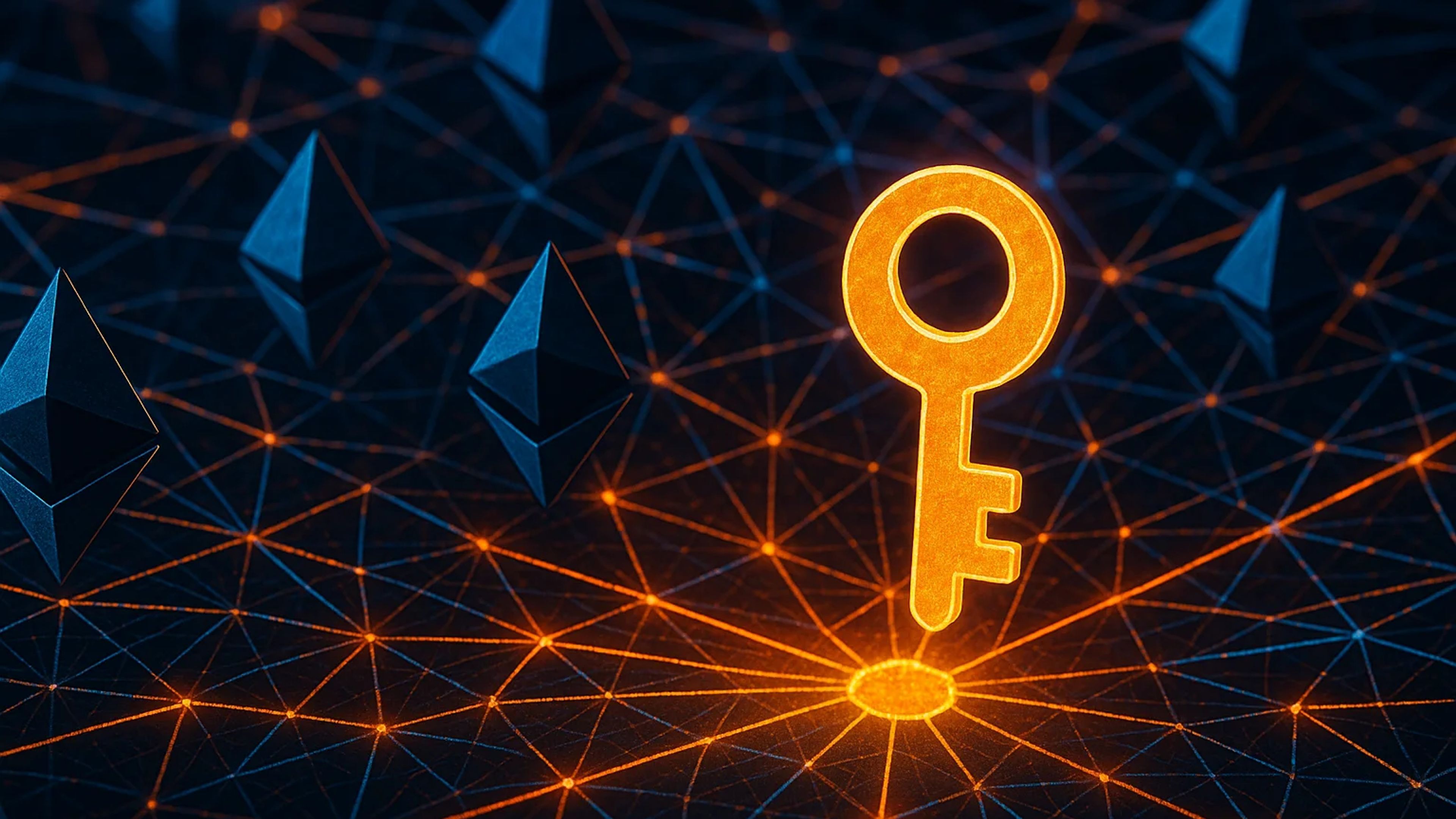 A glowing orange key on a dark network grid