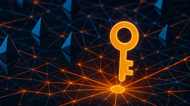 A glowing orange key on a dark network grid