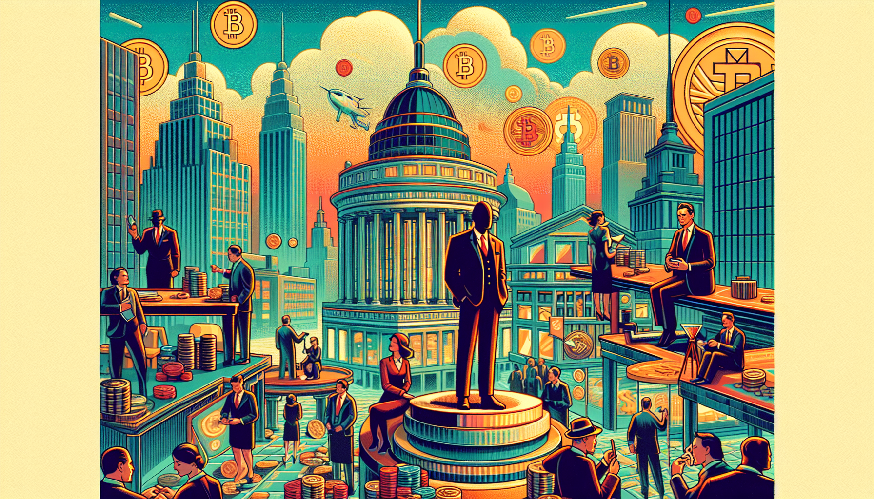 Stylized cityscape with figures and