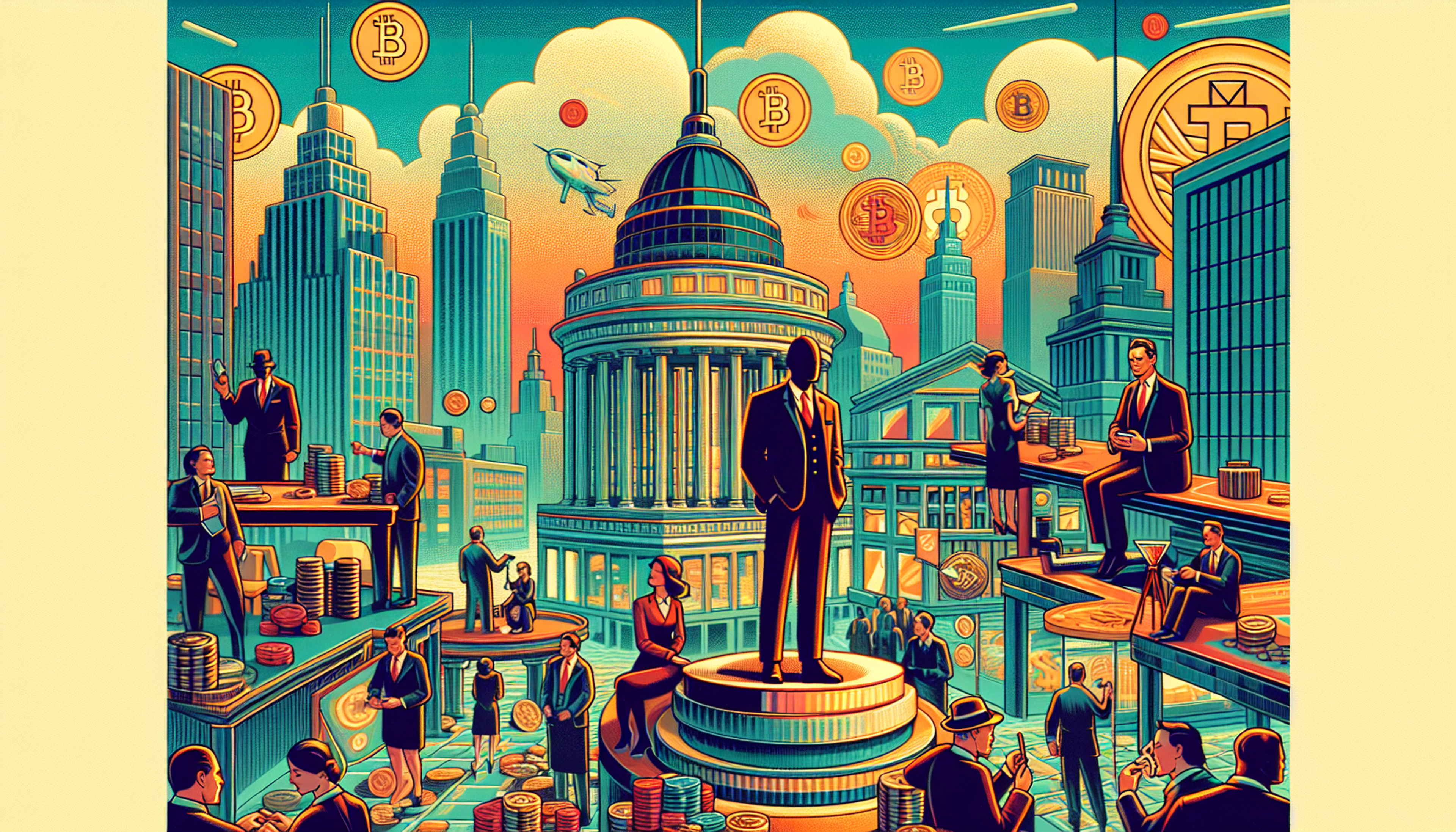 Stylized cityscape with figures and