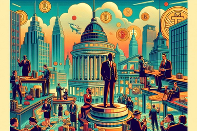 Stylized cityscape with figures and
