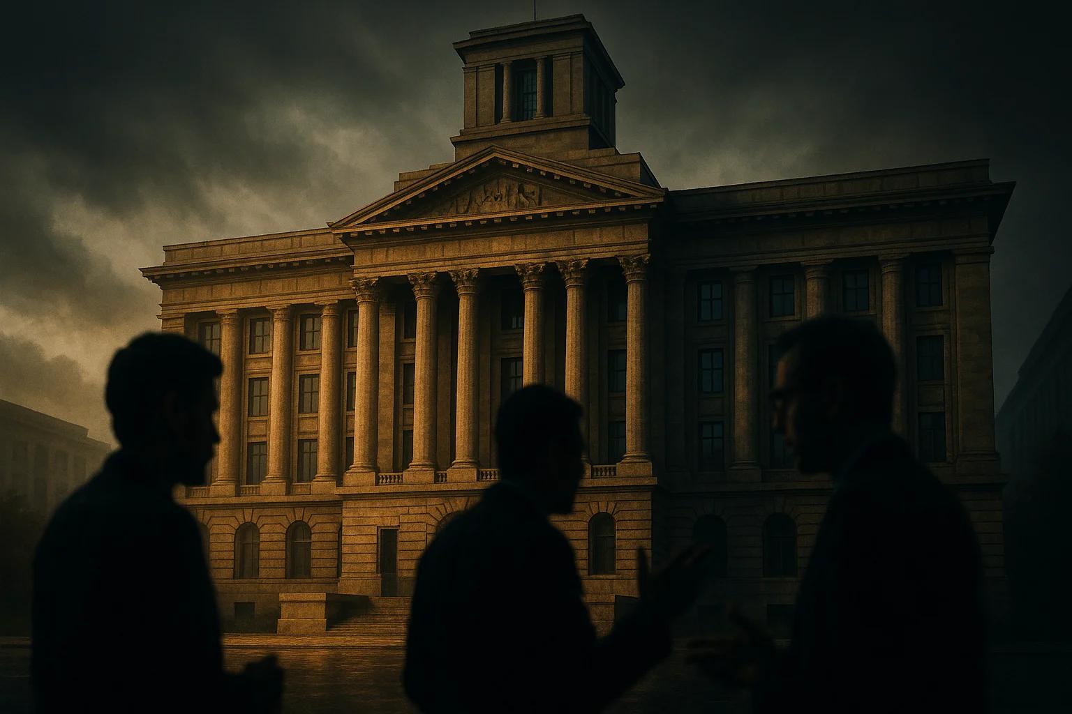 Silhouettes of three people in front of a grand