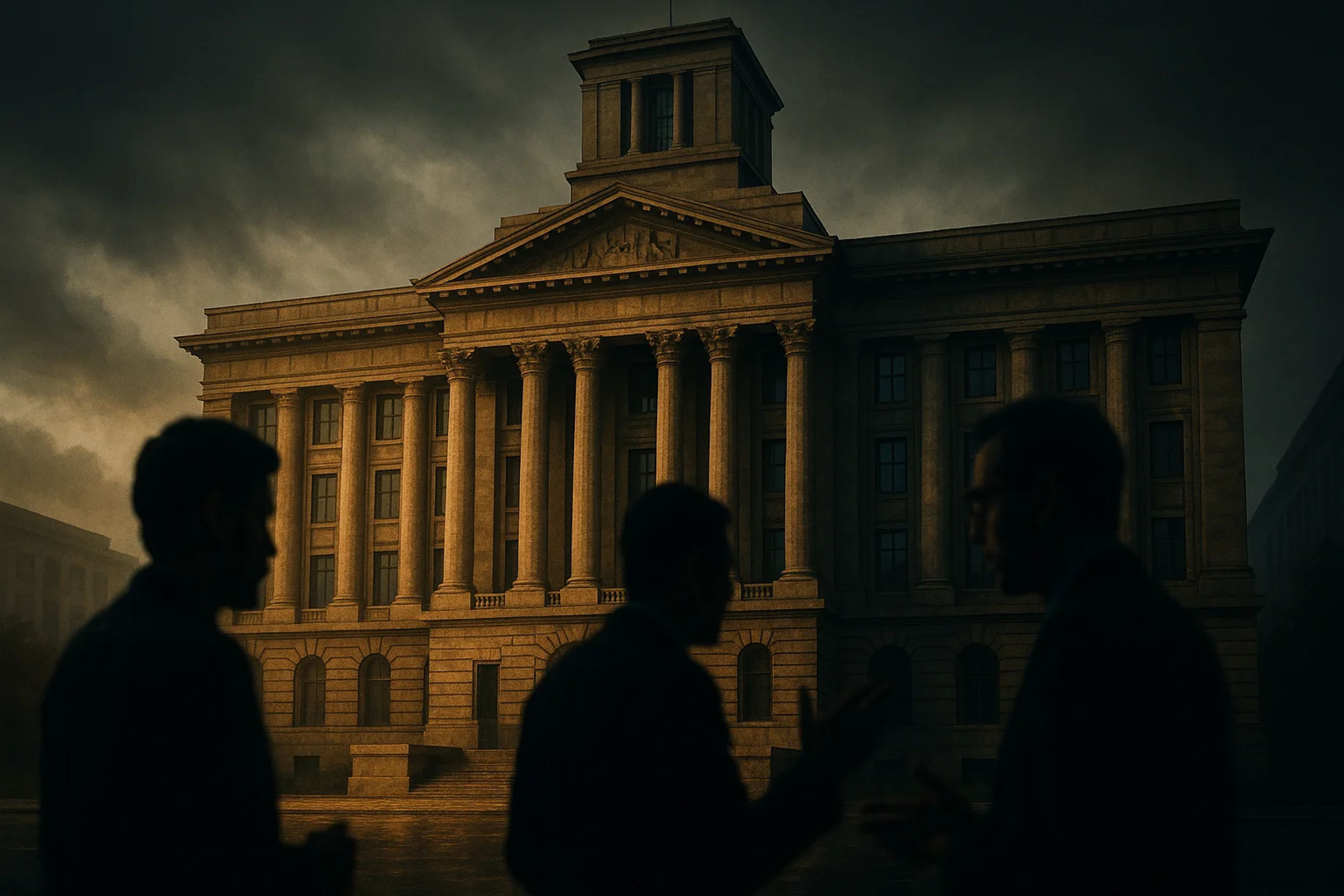 Silhouettes of three people in front of a grand