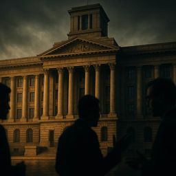 Silhouettes of three people in front of a grand