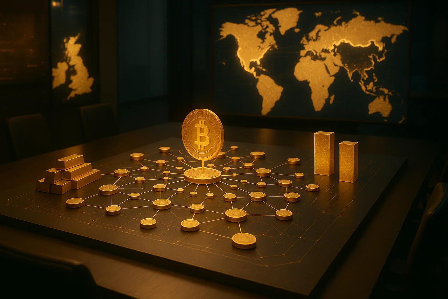 A golden Bitcoin surrounded by gold bars and