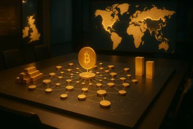A golden Bitcoin surrounded by gold bars and