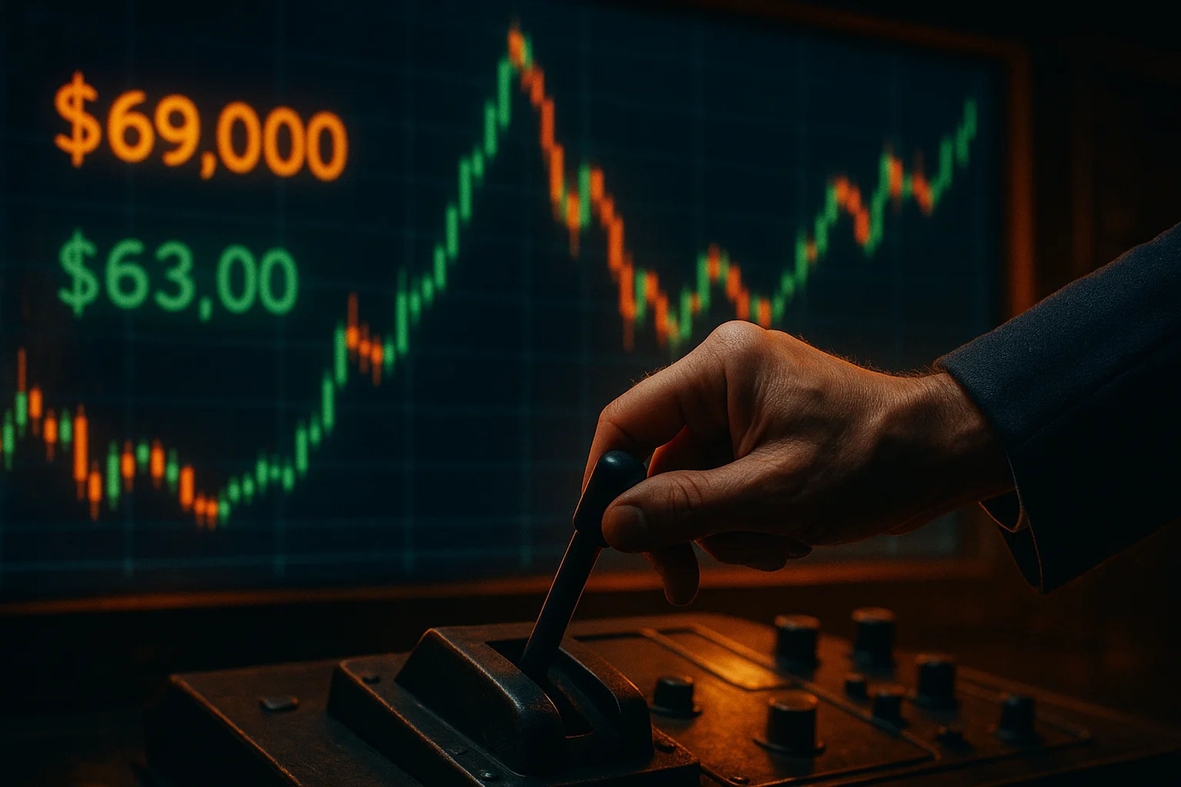 A hand adjusting a lever in front of a financial