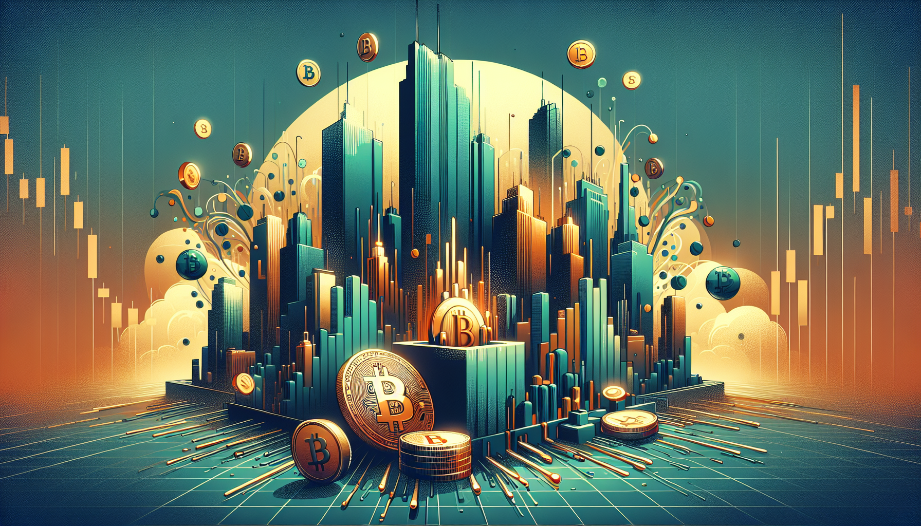 Abstract cityscape with Bitcoin symbols and coins