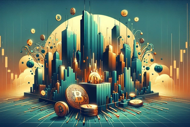 Abstract cityscape with Bitcoin symbols and coins