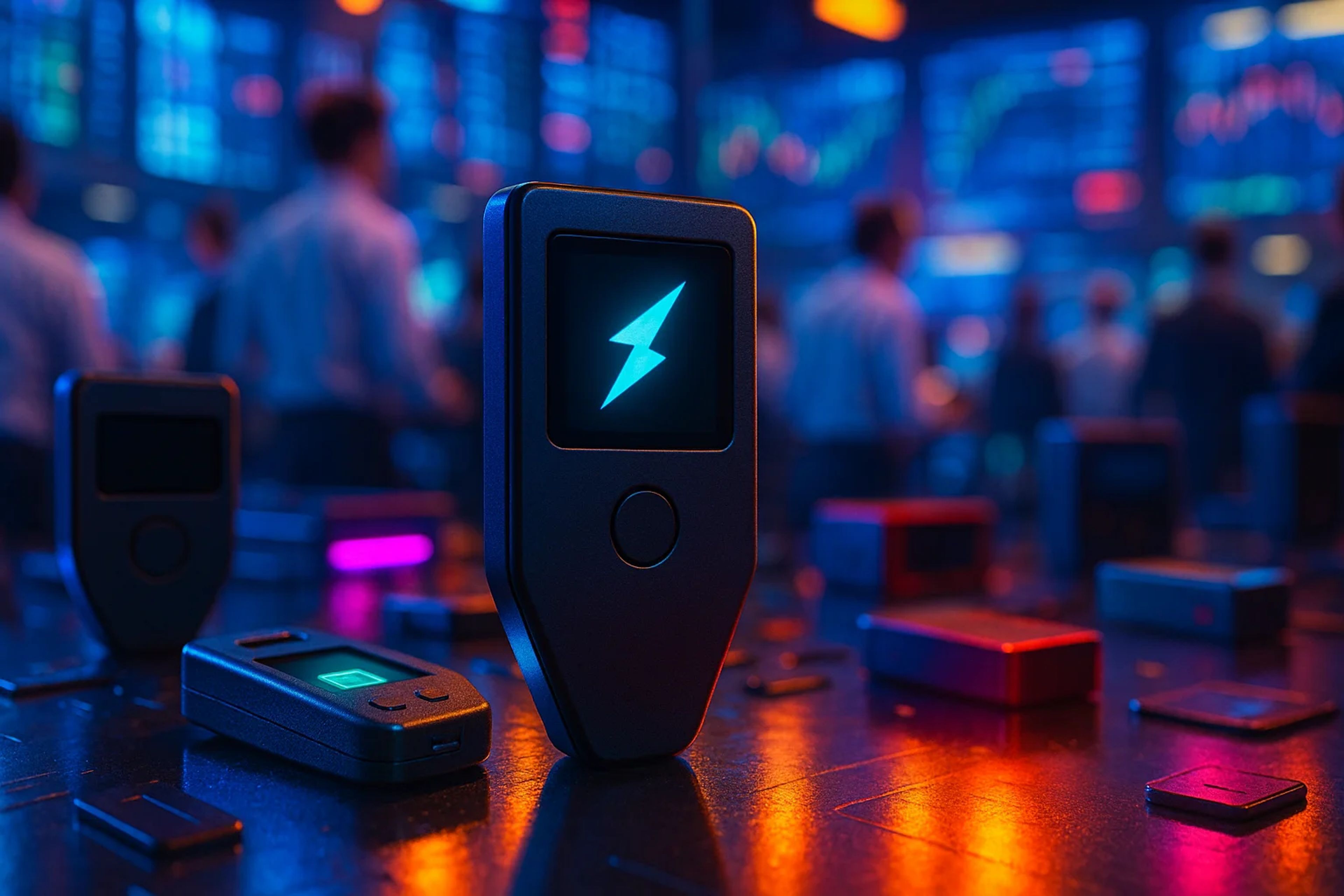 A dark room with glowing screens and devices