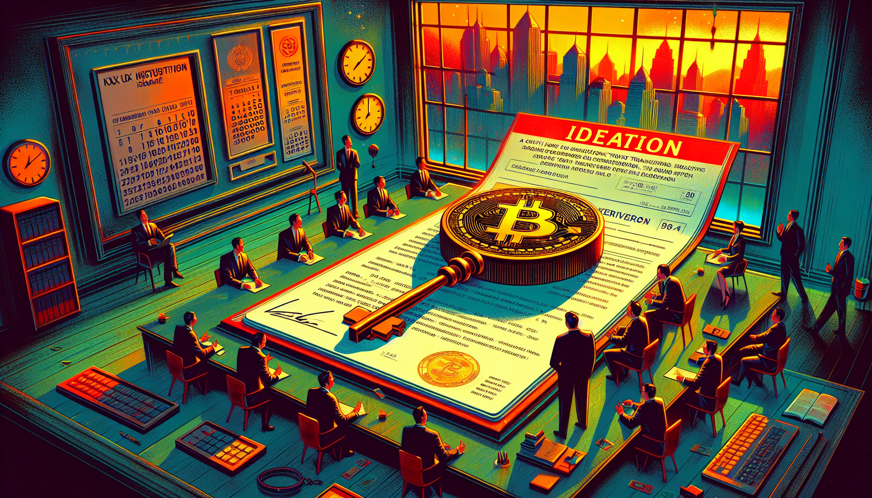 A large Bitcoin coin rests on a document in a