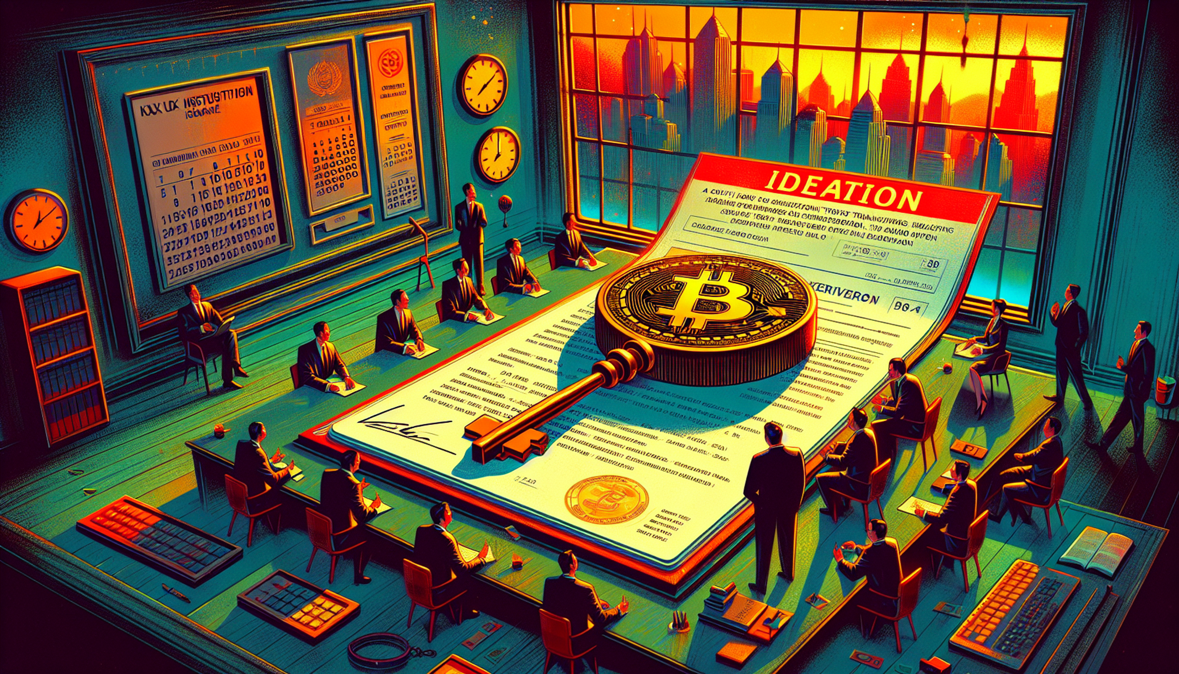 A large Bitcoin coin rests on a document in a