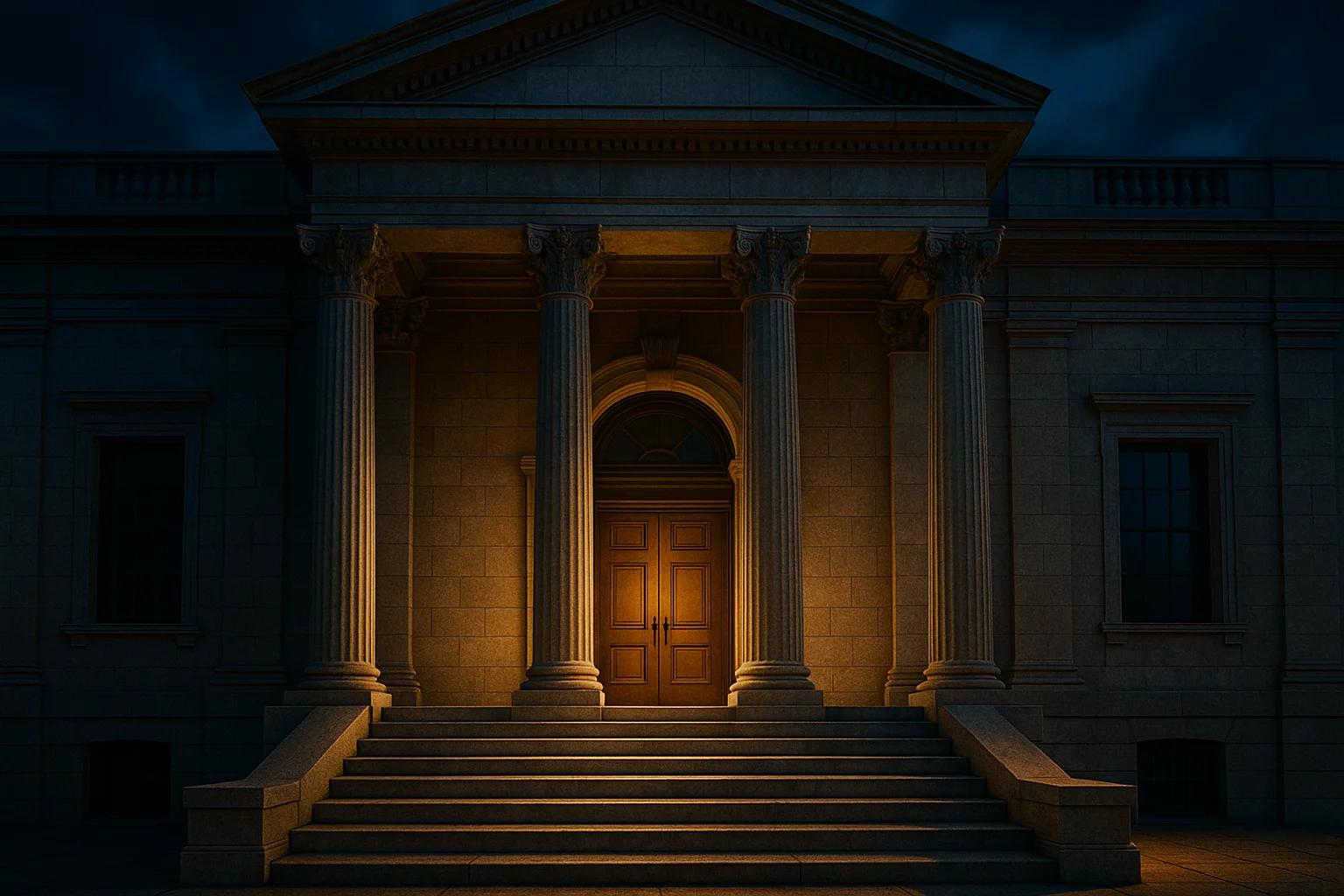 Illuminated entrance with columns and steps at