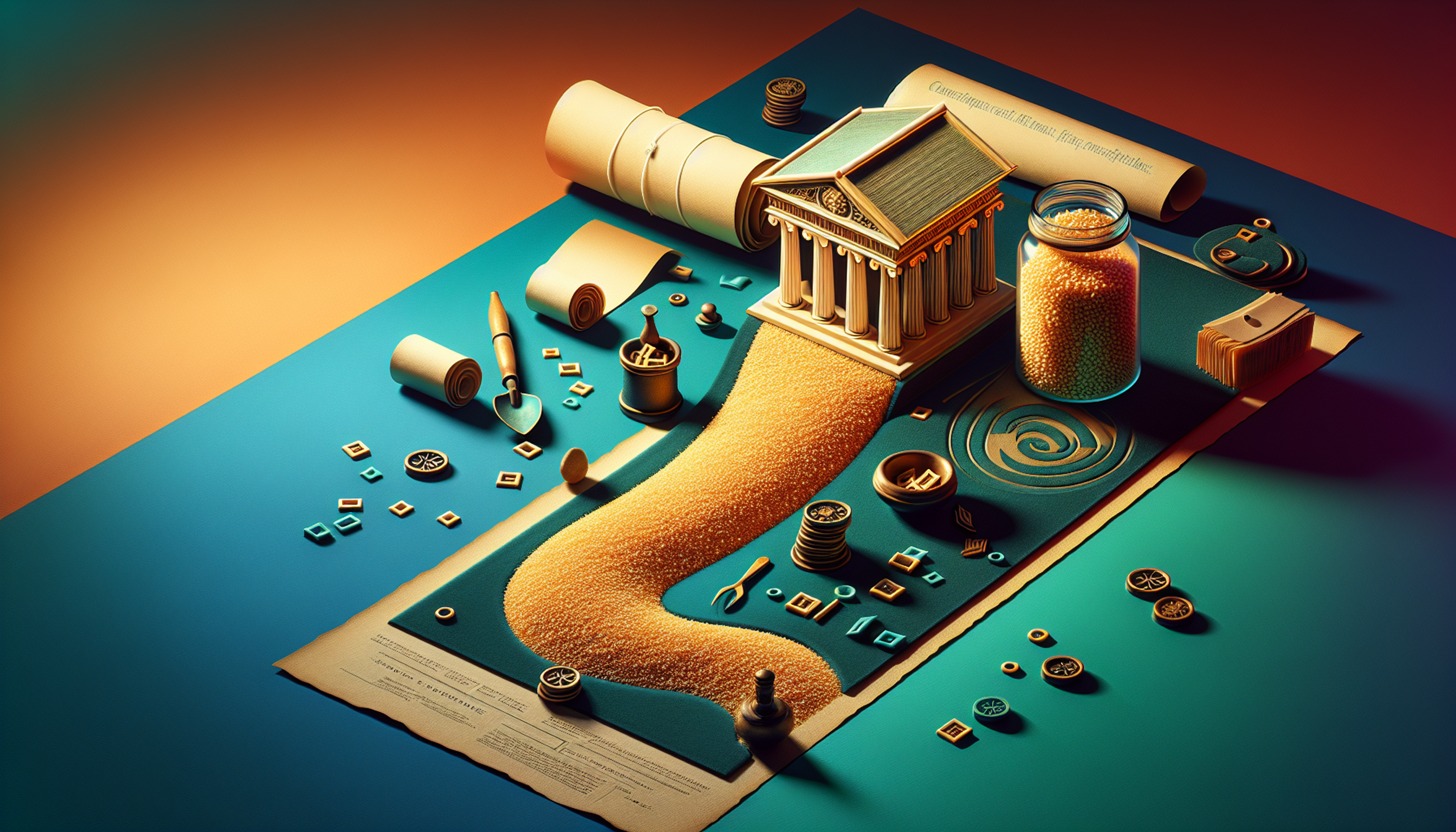 A stylized scene with a temple model, flowing