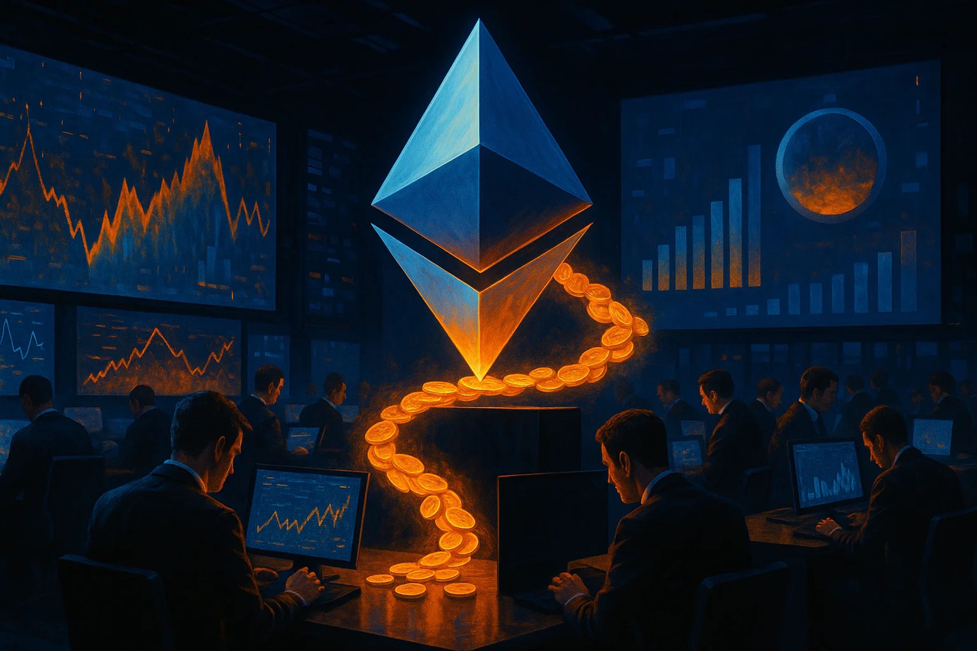 A glowing Ethereum symbol surrounded by orange