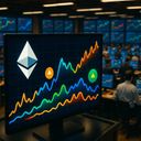 A monitor displaying colorful financial graphs