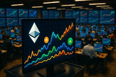 A monitor displaying colorful financial graphs