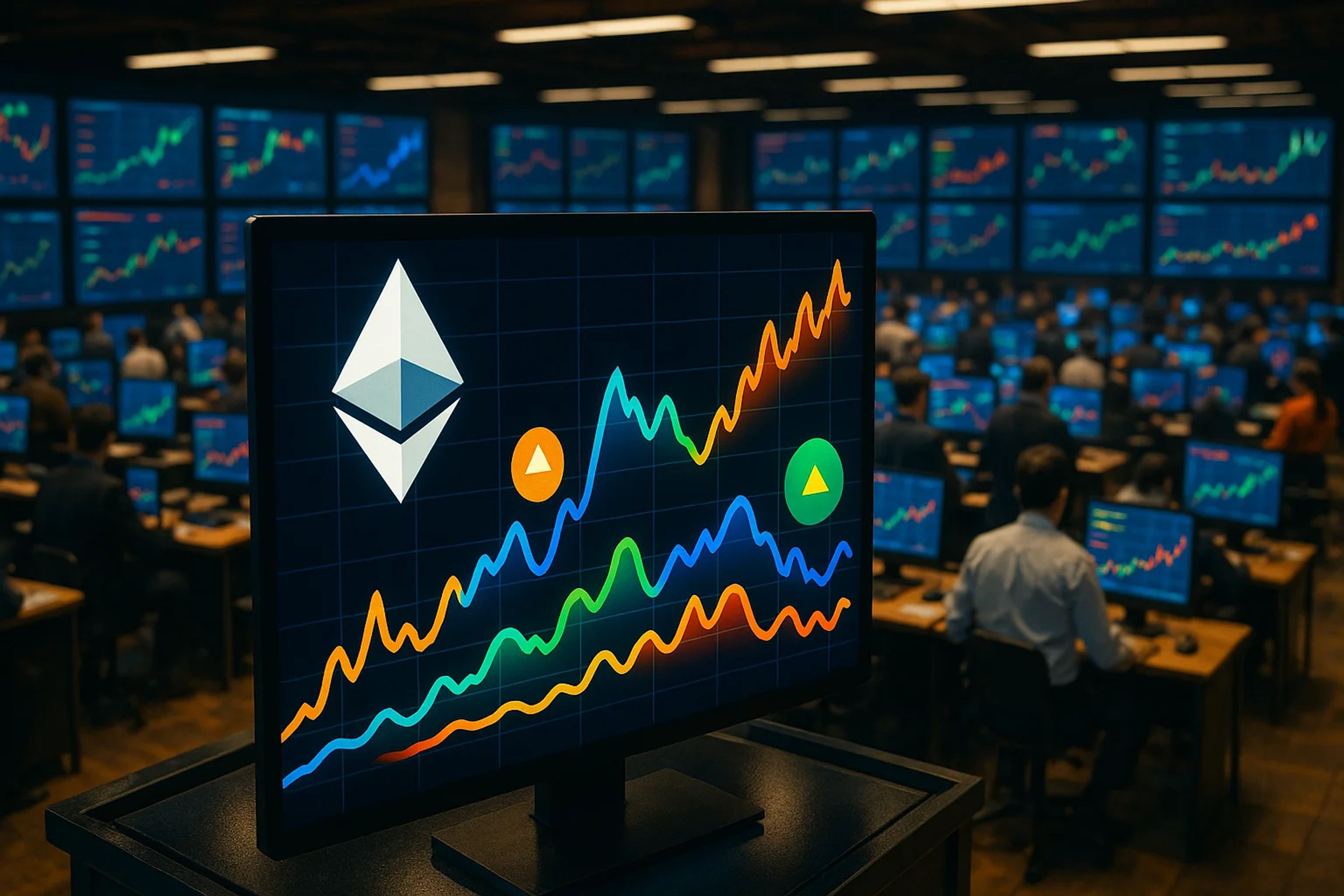 A monitor displaying colorful financial graphs