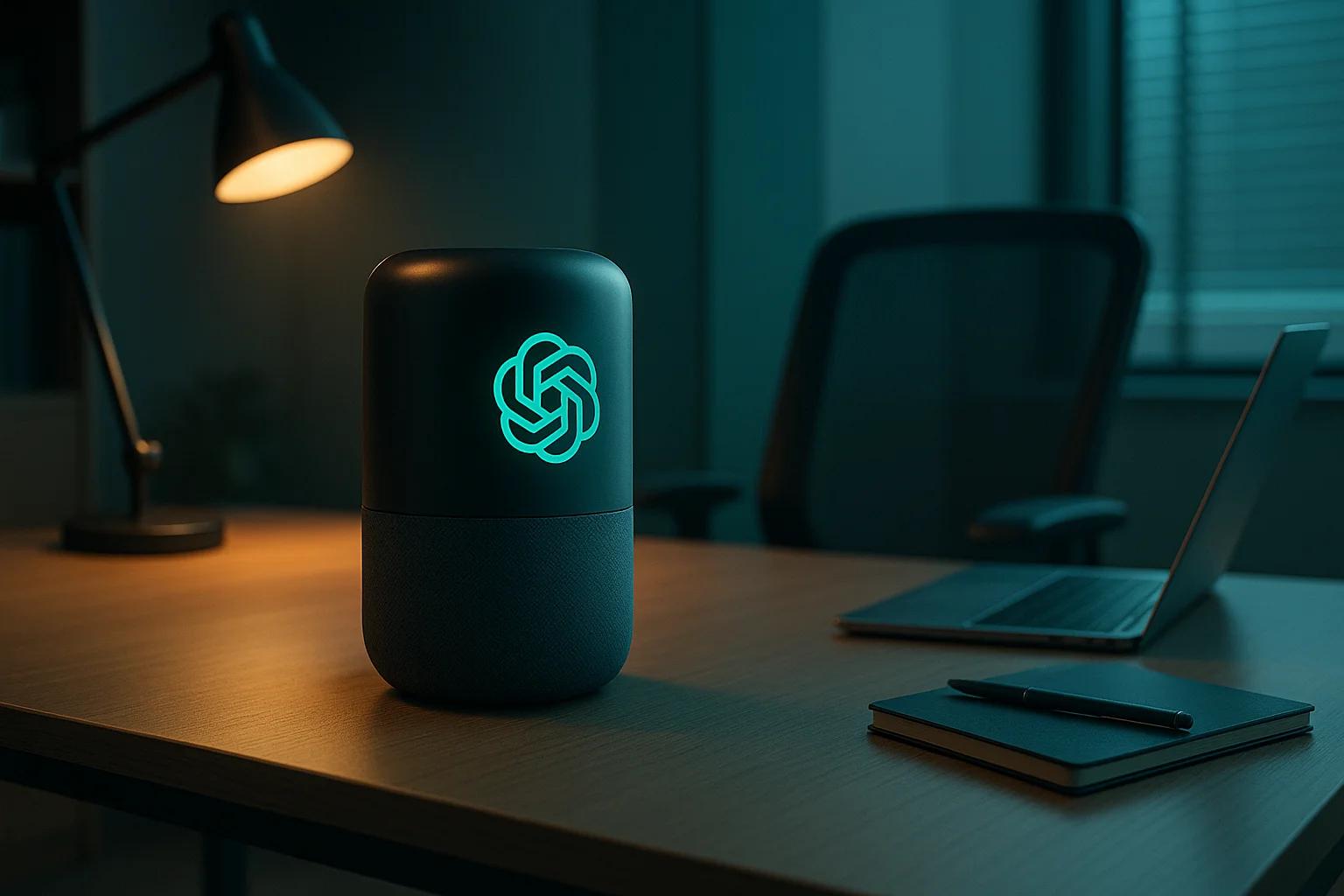 A sleek black speaker with a glowing logo on a