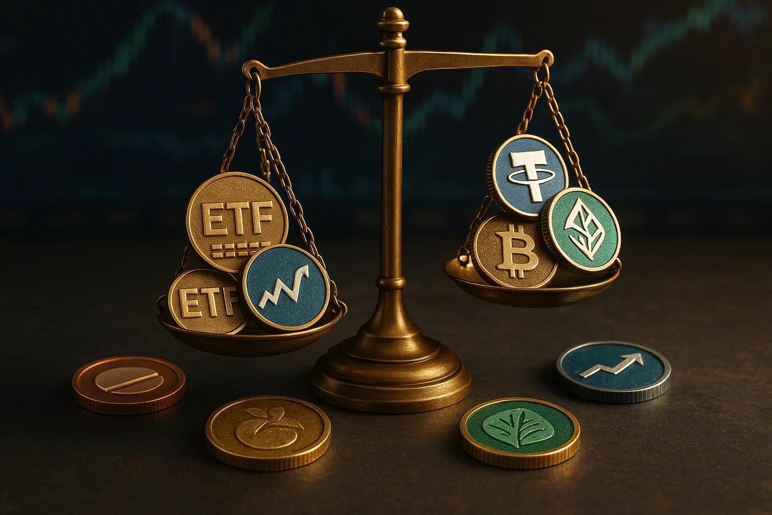 A brass balance scale with cryptocurrency coins