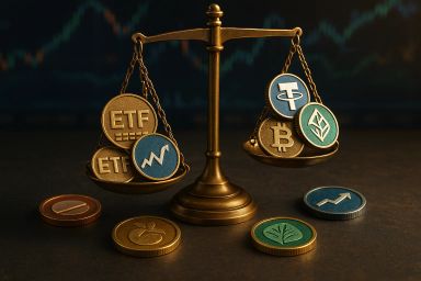 A brass balance scale with cryptocurrency coins