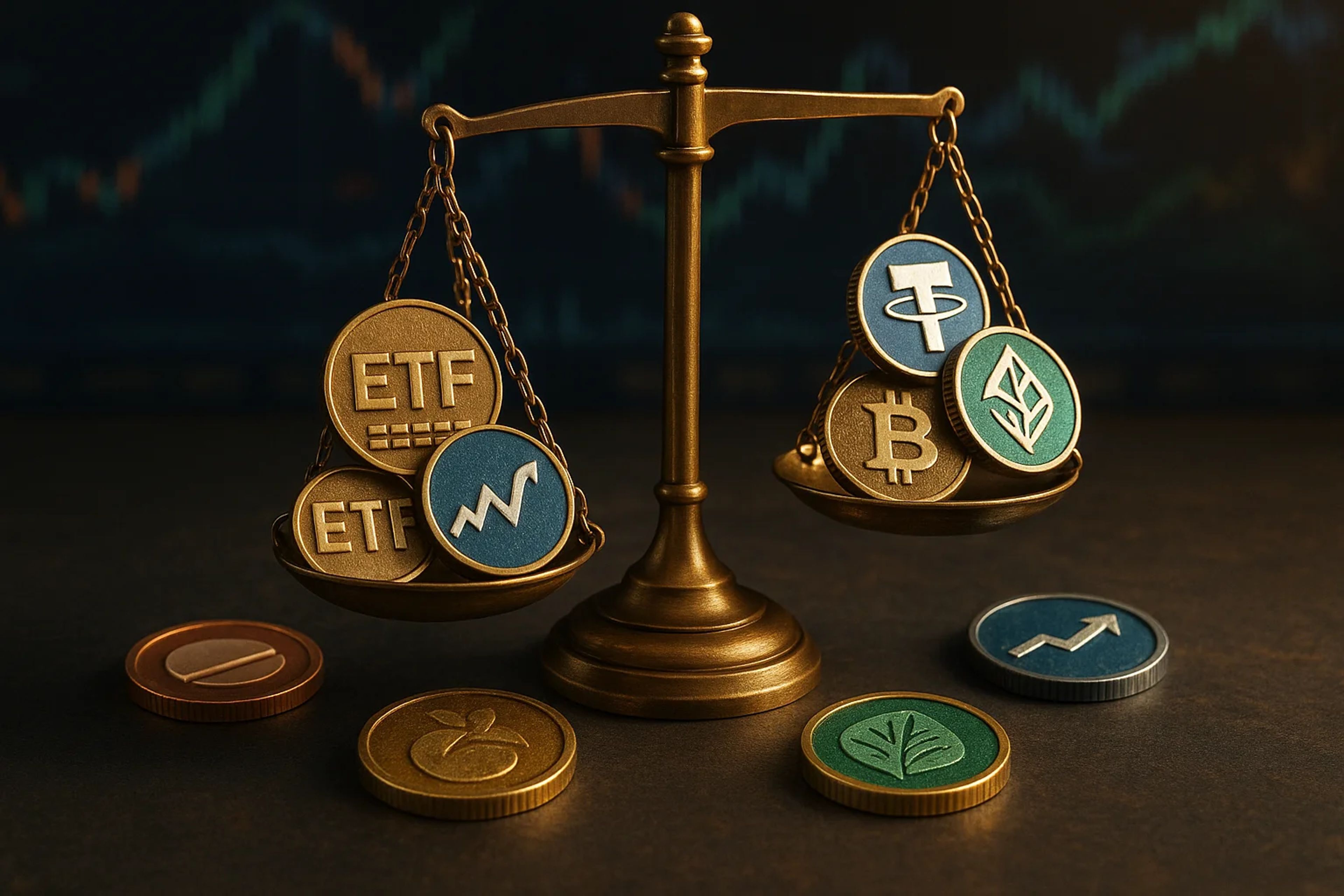 A brass balance scale with cryptocurrency coins