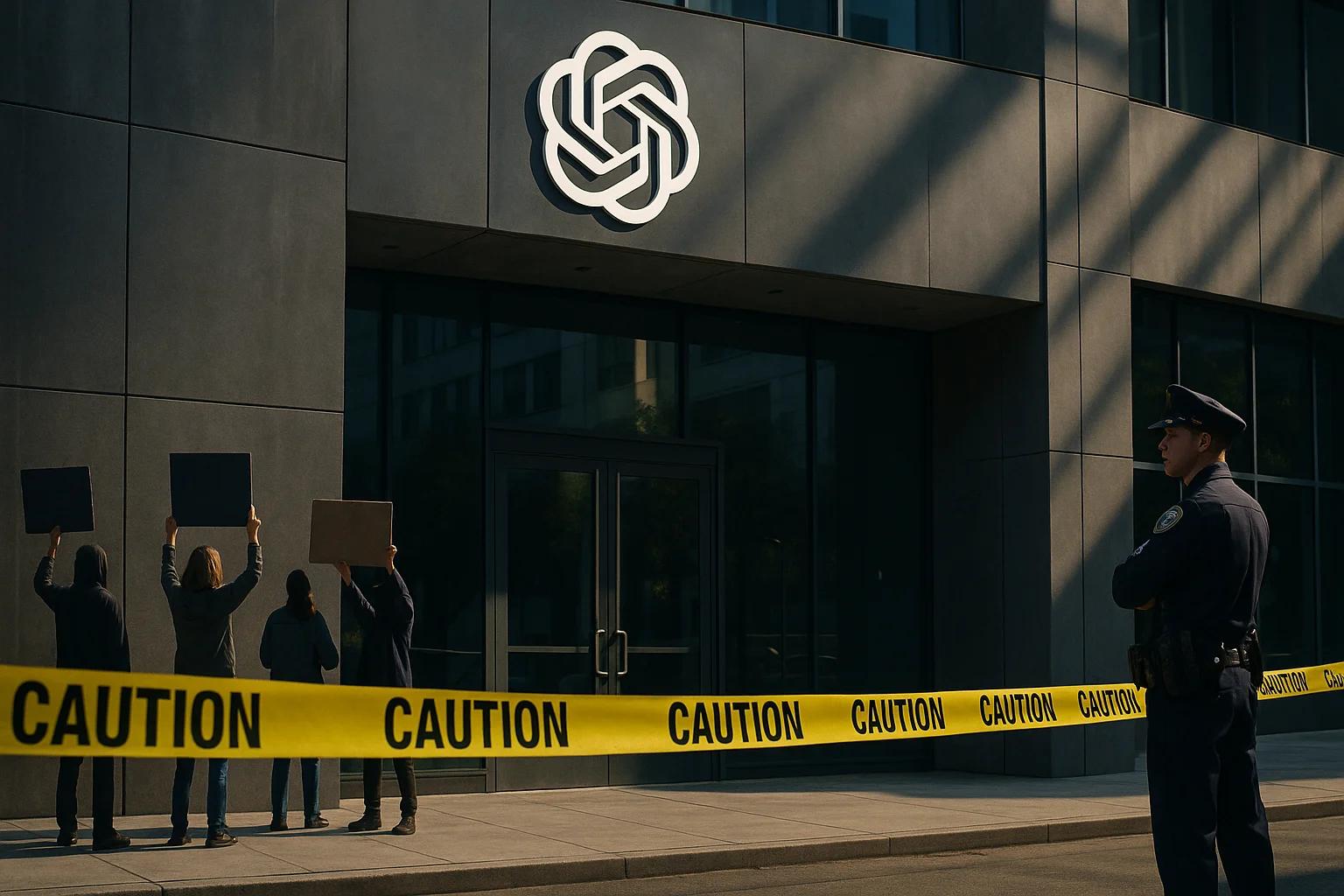 Protesters with signs outside a building, police
