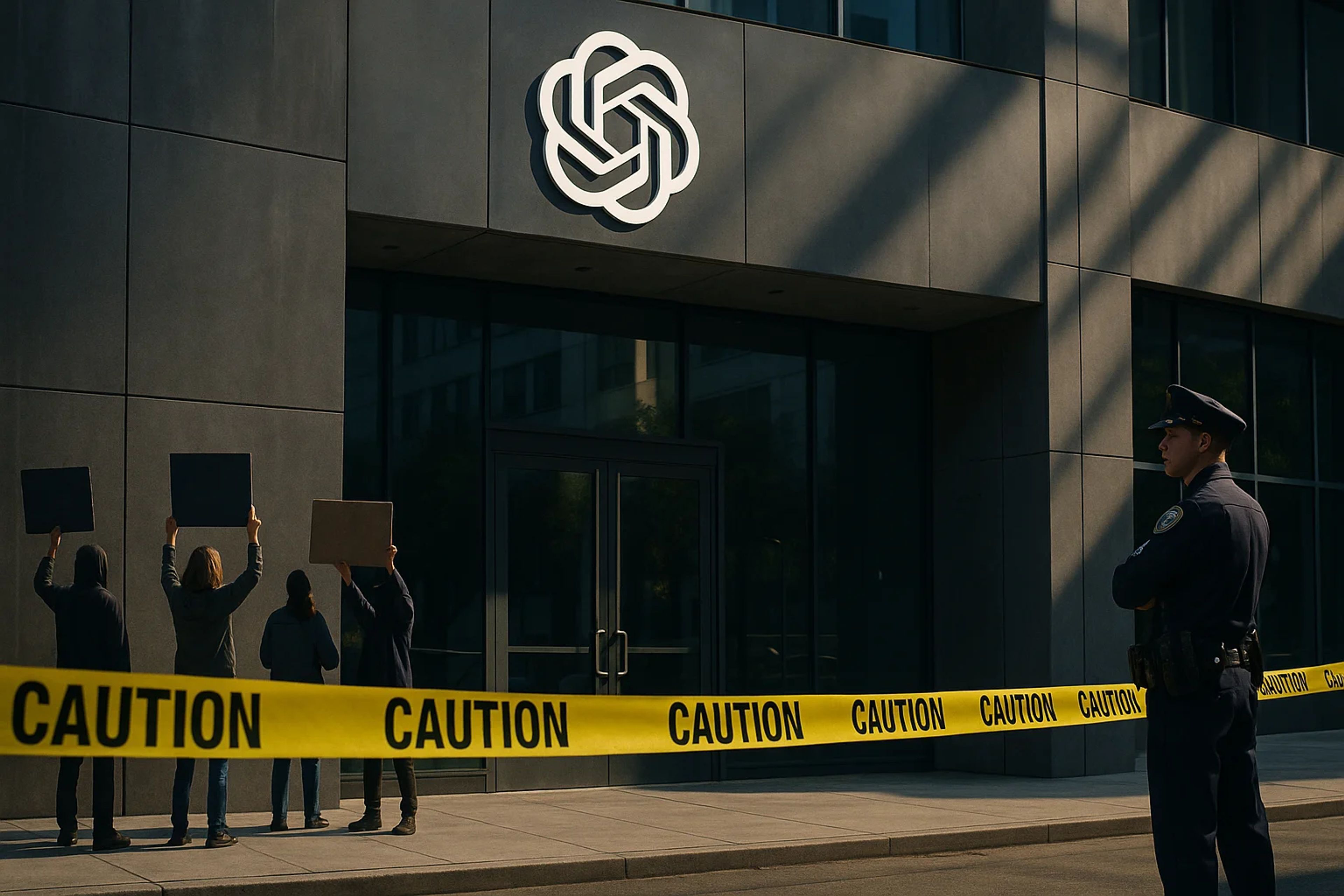 Protesters with signs outside a building, police