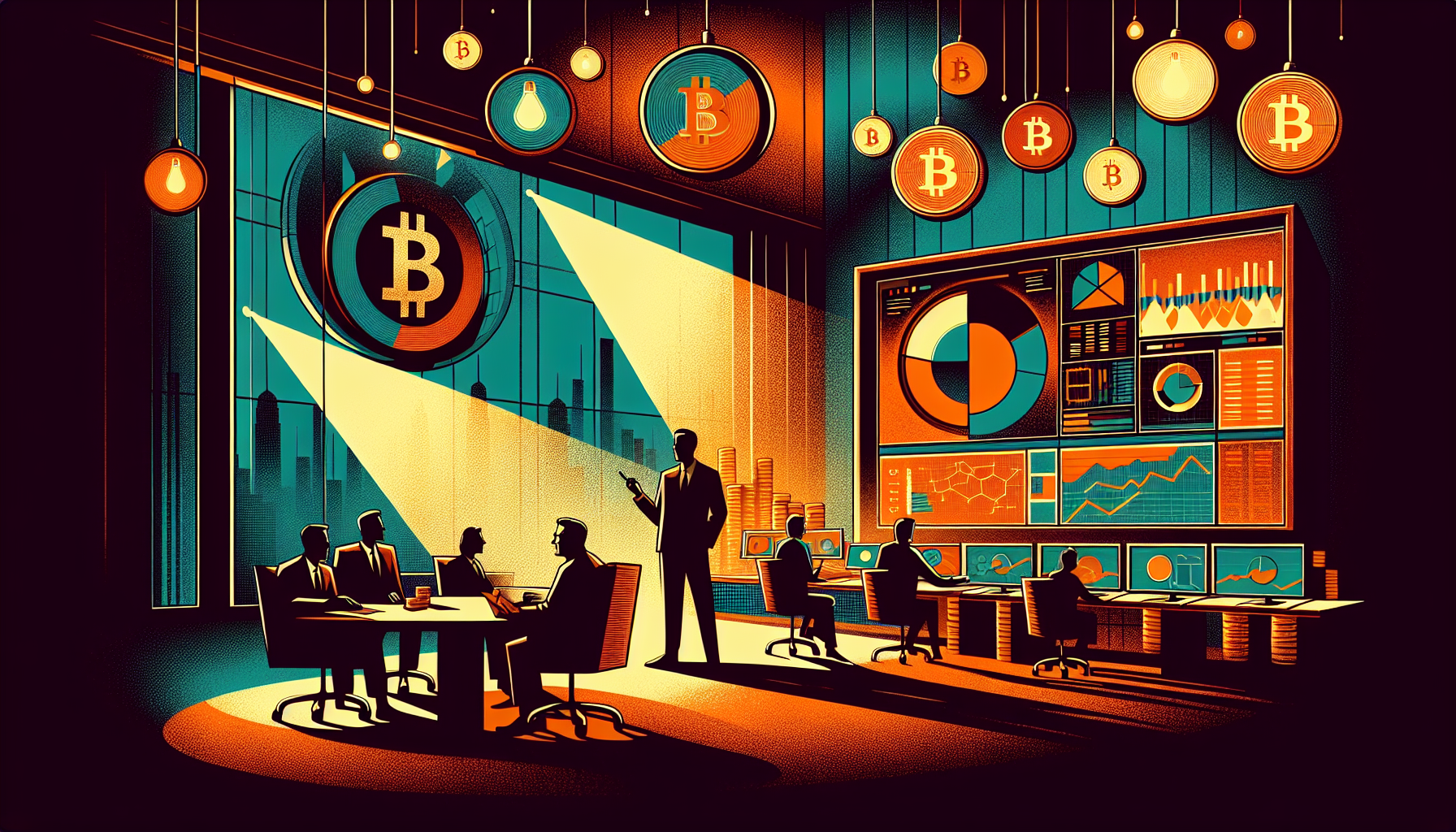 A dimly lit office with a large screen displaying