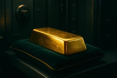 A gold bar resting on a green velvet cushion