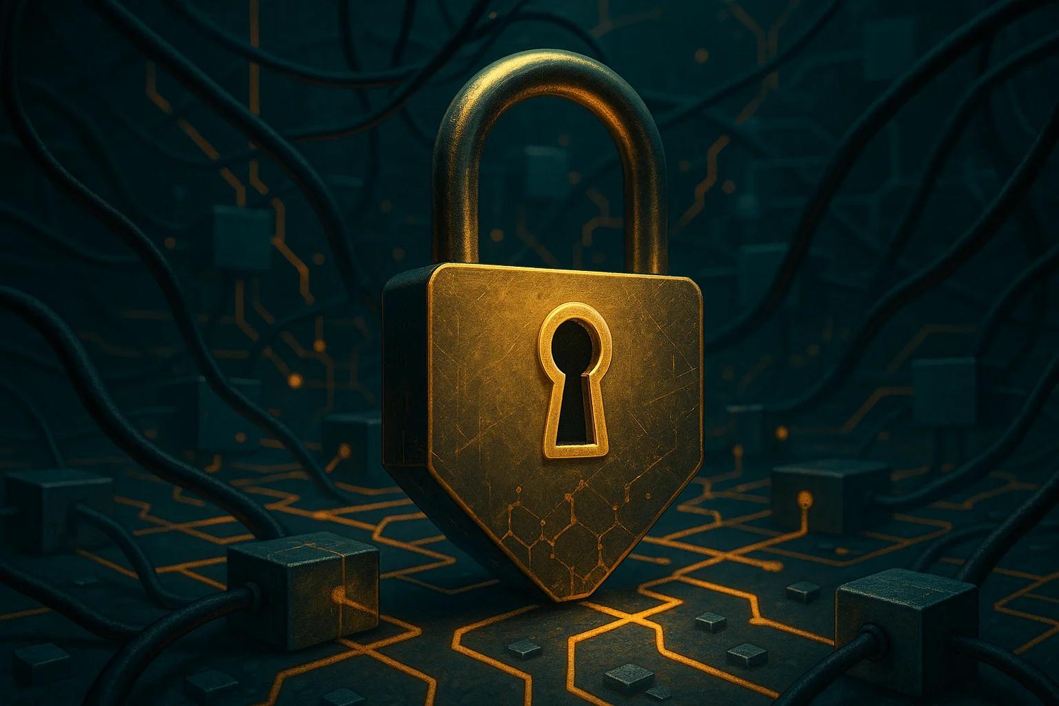 Golden padlock surrounded by dark circuitry