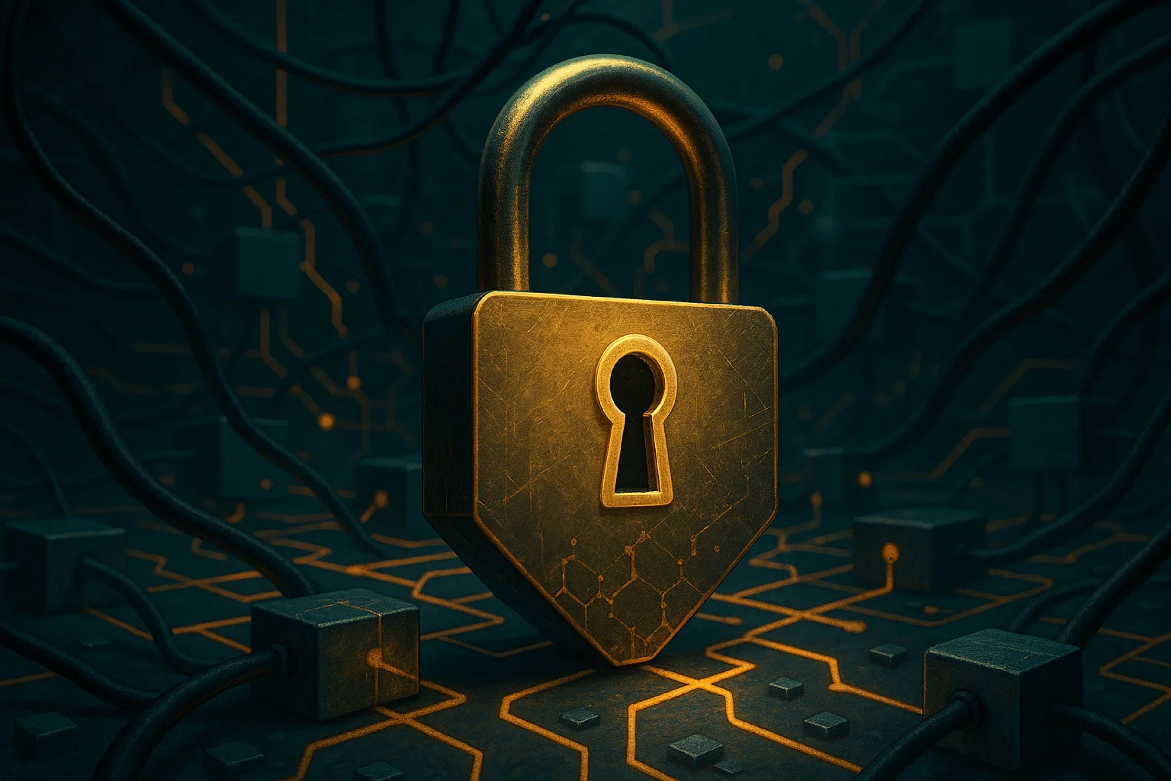 Golden padlock surrounded by dark circuitry