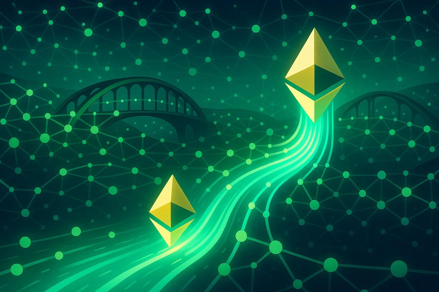 Two golden Ethereum symbols on a glowing green
