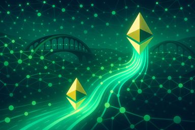 Two golden Ethereum symbols on a glowing green
