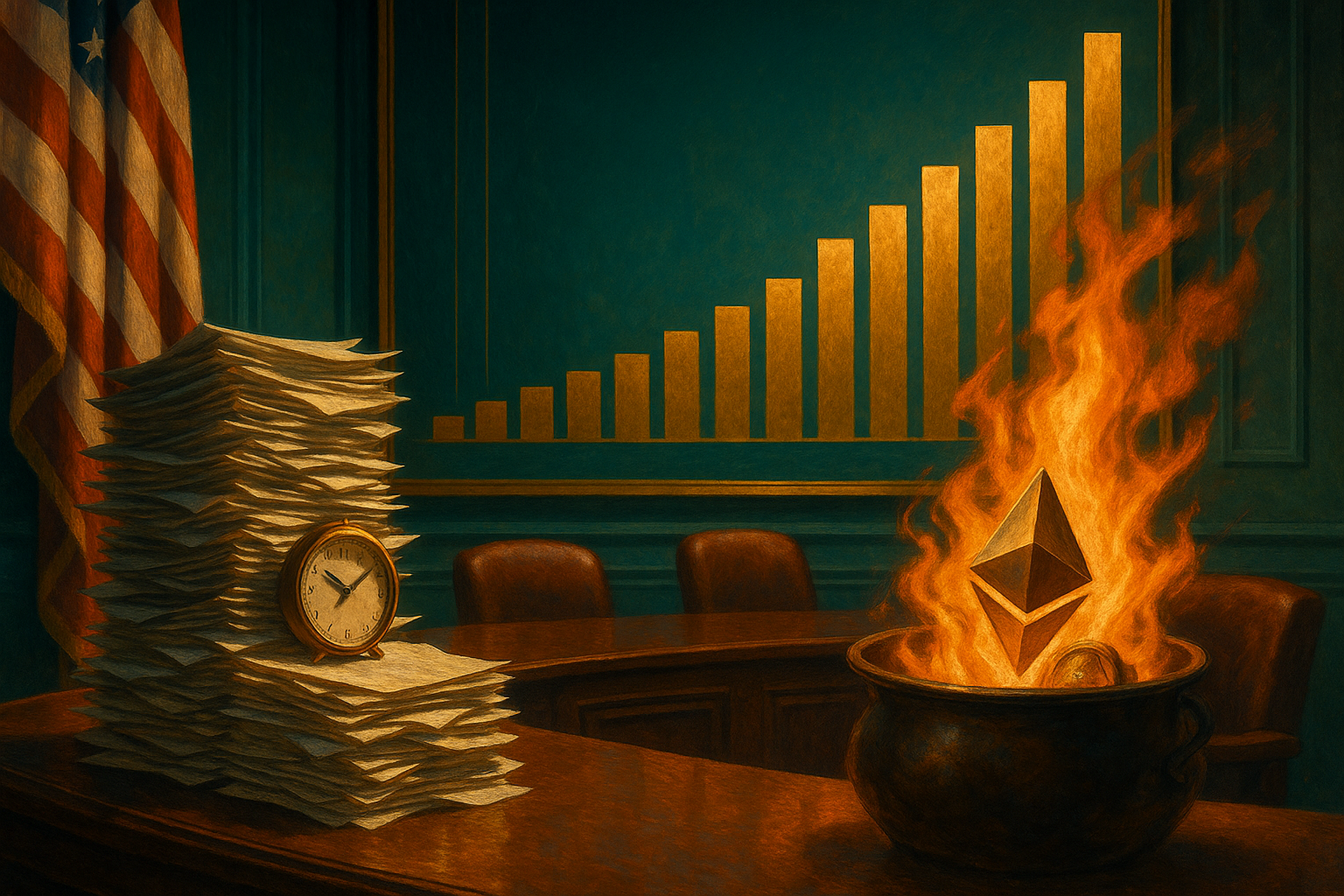 Stacks of papers and a clock beside a burning