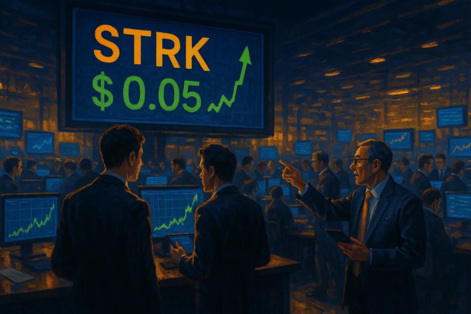 A dimly lit trading room with multiple screens