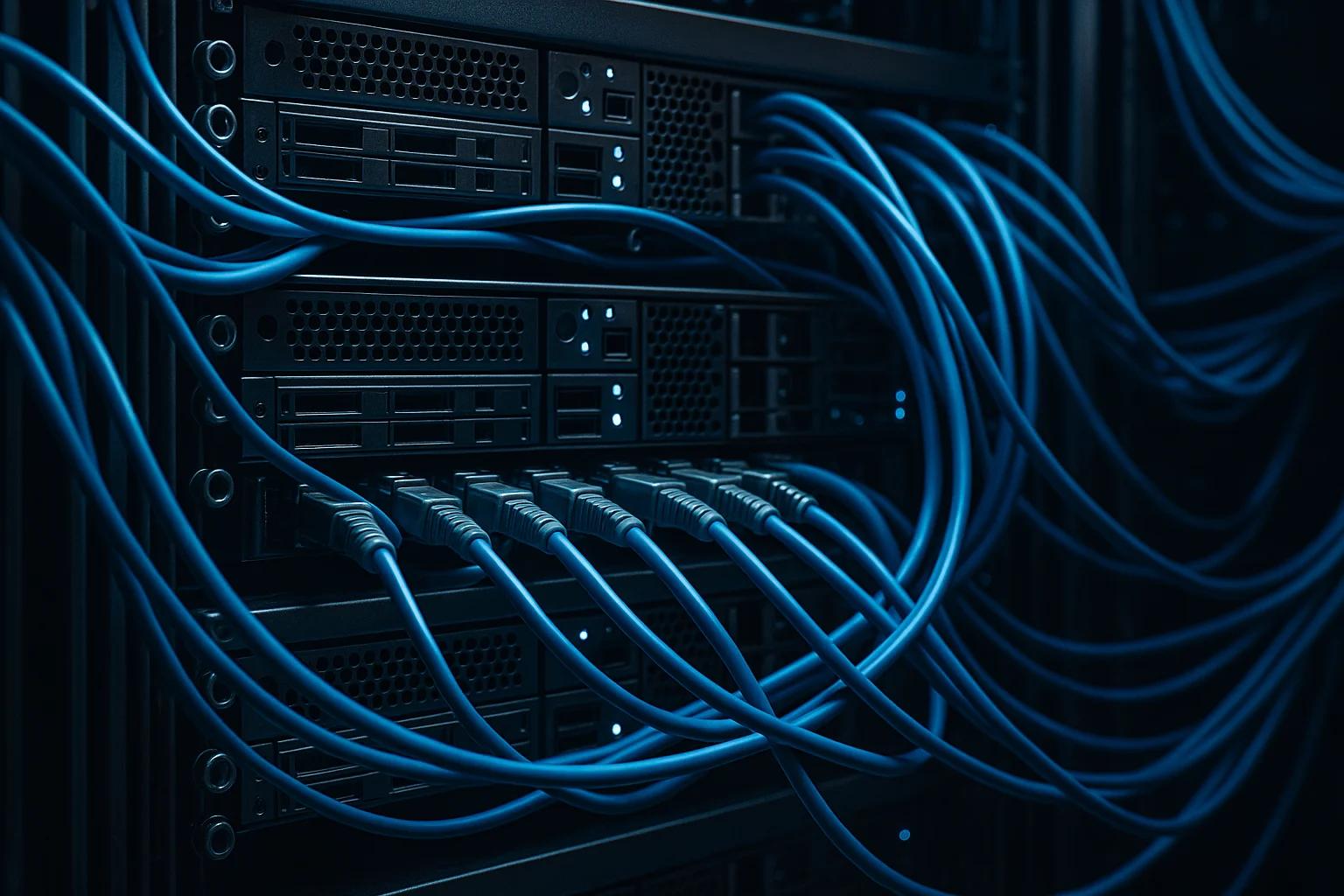 Close-up of server racks with blue cables