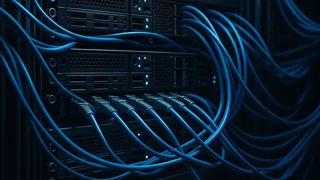 Close-up of server racks with blue cables