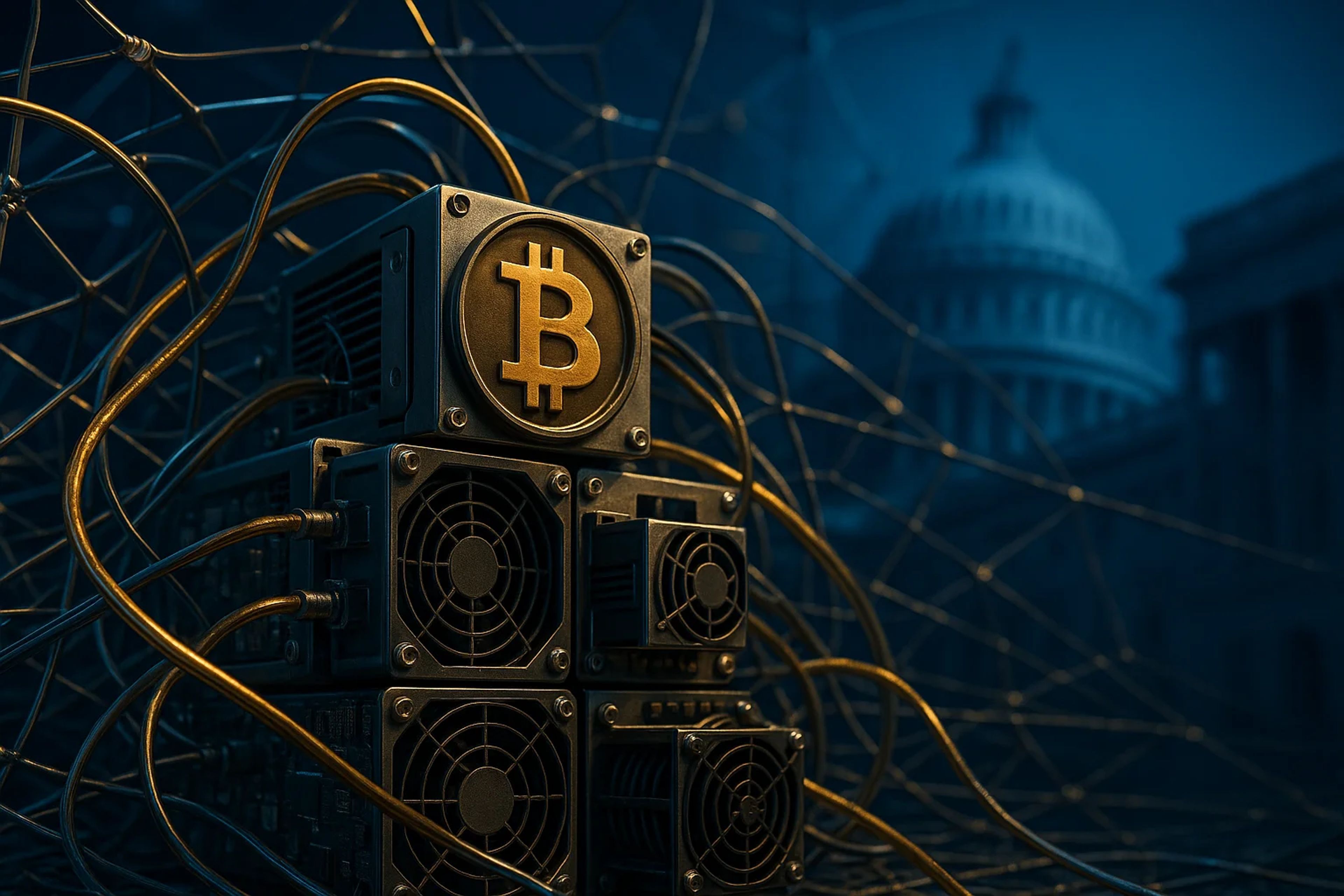 Bitcoin mining equipment with a dark, moody