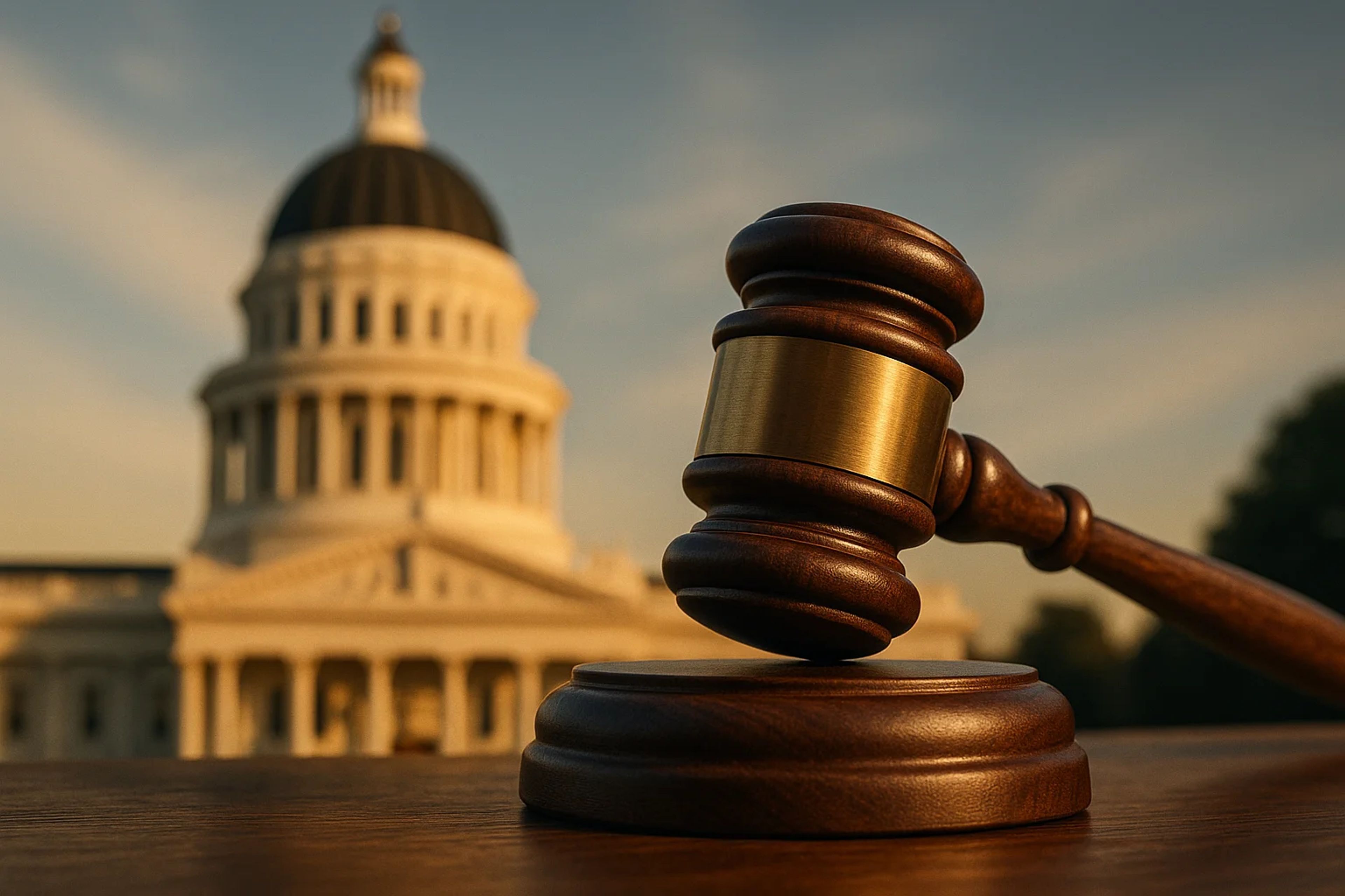 Wooden gavel in foreground with a dome building