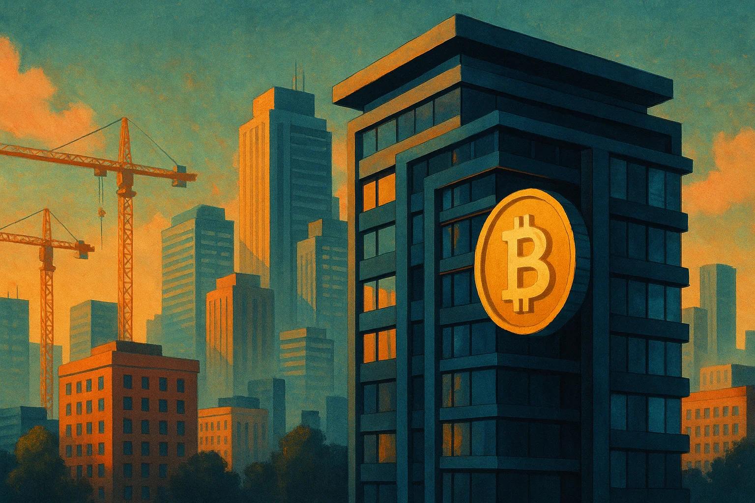 Modern city skyline with a Bitcoin symbol on a