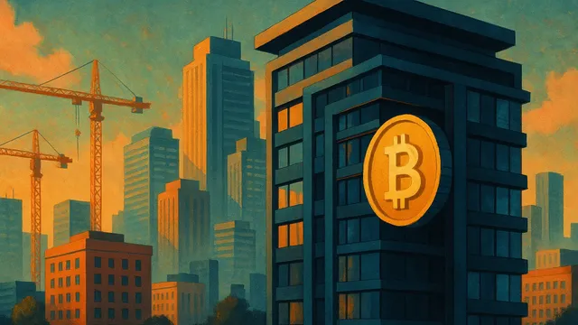 Modern city skyline with a Bitcoin symbol on a