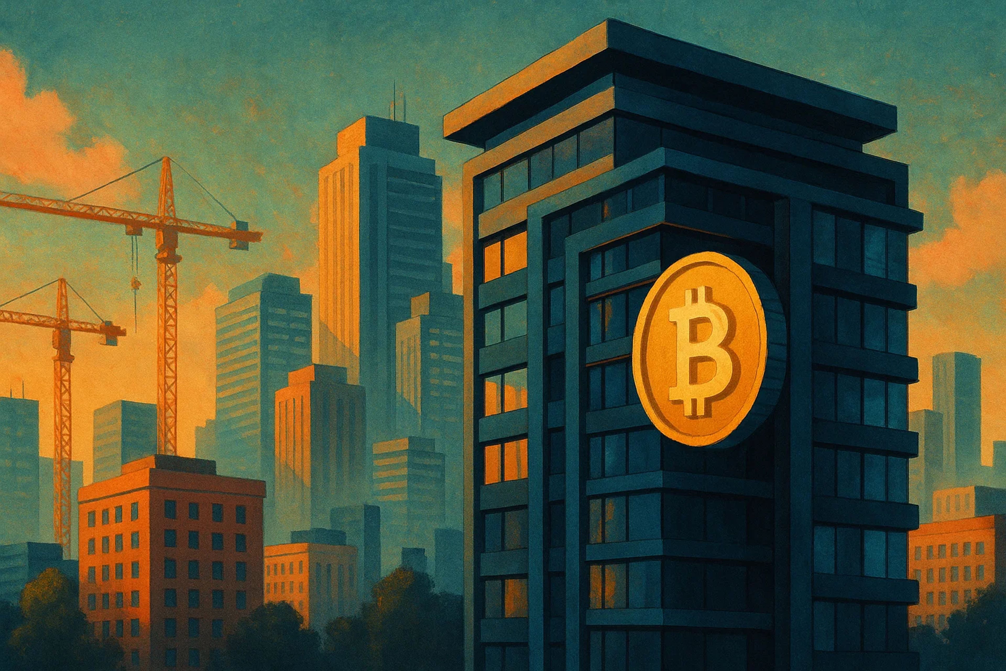 Modern city skyline with a Bitcoin symbol on a